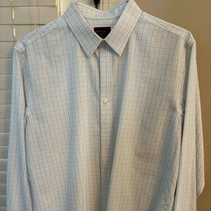100% Cotton Wrinkle Free Cotton, Dress/Casual White/Blue Quady Pattern Shirt
